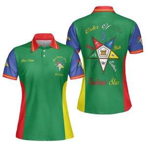 May include: Green polo shirt with red, yellow, and blue accents. Features a collar and the text "Your Name" and "Your Chapter Name". The back displays a star design with the words "Order of The Eastern Star".