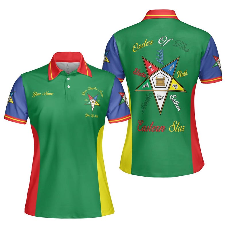 May include: Green polo shirt with red, yellow, and blue accents. Features a collar and the text "Your Name" and "Your Chapter Name". The back displays a star design with the words "Order of The Eastern Star".