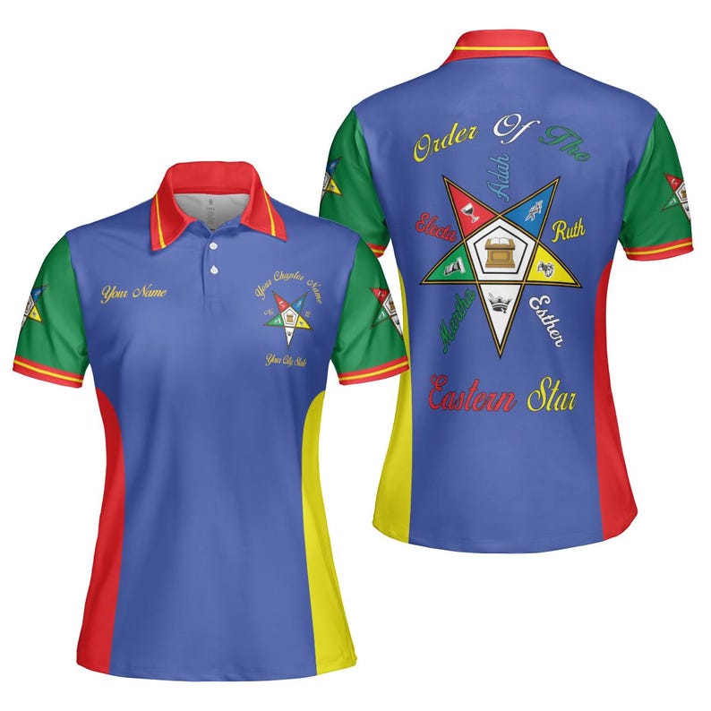 May include: Blue polo shirt with red and yellow accents, featuring a star emblem and text. The shirt has a red collar and sleeves with green and yellow details. The back displays "Order of the Eastern Star" text.