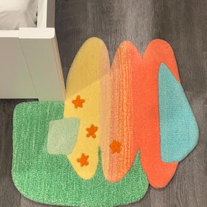 Hand tufting original designed little rug colorful forest spring field organic shape small carpet bedroom living room