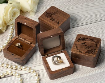 Personalized Wooden Wedding Ring Box, Custom Engraved Engagement Proposal Holder, Bridal Gift For Her, Wooden Engrave Square Ring Box