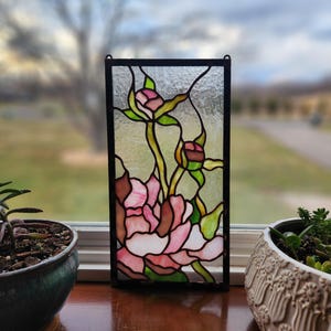 Peonies, stained glass, window panel, unique, gift, spring