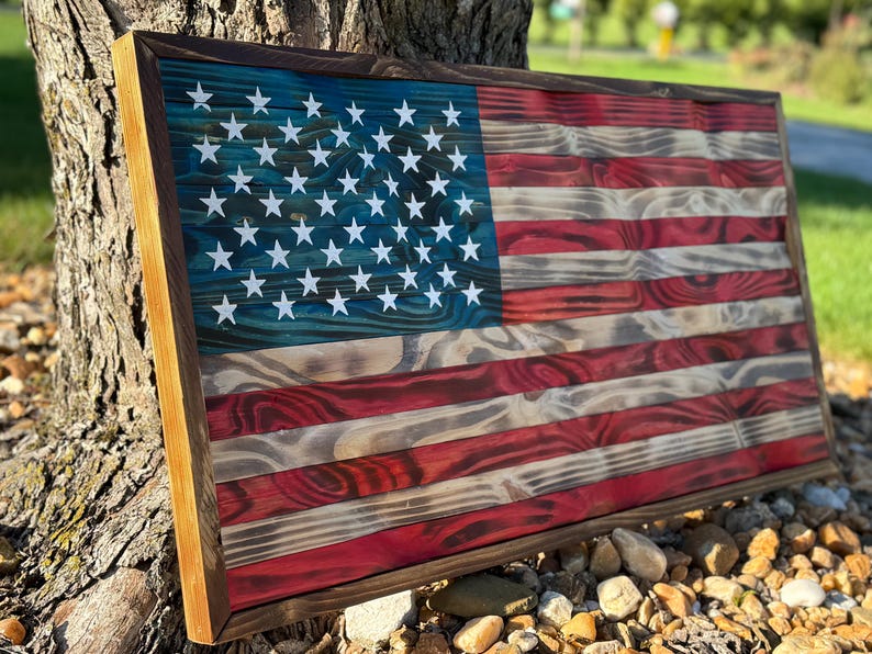 36" X 19" Large Hand-Crafted 100% Made In U.S.A. Wood American Flag Patriotic Wall Art Americana Vintage Colors
