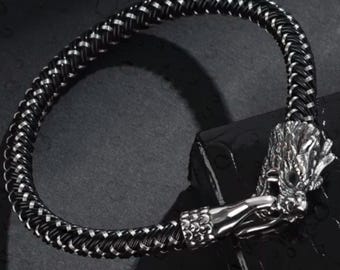 Pulsera vintage, pulsera para hombre, joyería vikinga, joyería punk rock para hombre, pulsera de cuero con dragón y cuerda de alambre de acero, pulsera gótica para hombre
