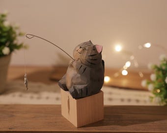 Personalized handmade wooden fishing cat figurine, cat figurine, unique gift for cat lovers, holiday decoration, cute desktop ornament