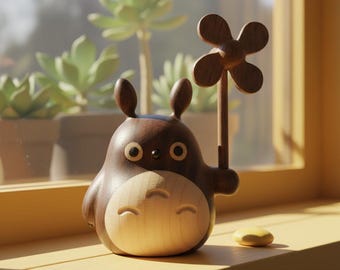 Wooden Totoro carving, handcrafted and soothing ornament, forest animal, wooden toy, small comfort item, minimalist design, gift for her.