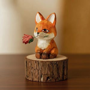 May include: A hand-carved wooden fox figurine, coloured orange and white, holding a red rose. The fox sits on a small, round wooden base. The figurine has detailed carving and is a decorative item.