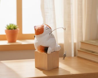 Personalized handmade wooden fishing cat figurine, cat figurine, unique gift for cat lovers, holiday decoration, cute desktop ornament