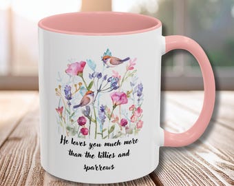 Watercolor Wildflowers and Sparrows Mug | Accent Coffee Mug