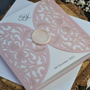 Invitación de boda cortada con láser, invitación rosa, tarjeta de boda rosa y blanca, invitación impresa, invitación de boda, tarjeta de boda cortada con láser,