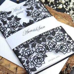 Invitación de boda cortada a láser negra con sobre, invitaciones de boda hechas a mano con sobre, elegantes invitaciones de boda impresas
