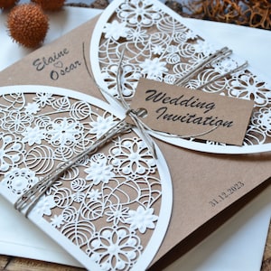 Invitación de boda de estilo ecológico, invitación cortada a láser, invitación de boda rústica