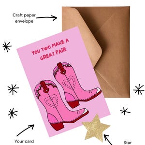 Handgemaakt paar wenskaart cowgirl-westernlaarzen | Aanpasbaar en milieuvriendelijk | Unieke ontwerpen voor alle gelegenheden | Blanco binnenkant
