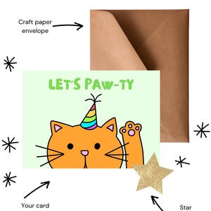 Cartão de felicitações feito à mão Cat Pawty | Personalizável e ecológico | Designs exclusivos para todas as ocasiões | Em branco por dentro