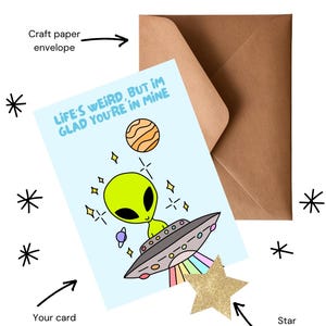 Cartão de felicitações Alienígena do Espaço Exterior Feito à Mão | Personalizável e Ecológico | Designs Únicos para Todas as Ocasiões | Em Branco por Dentro