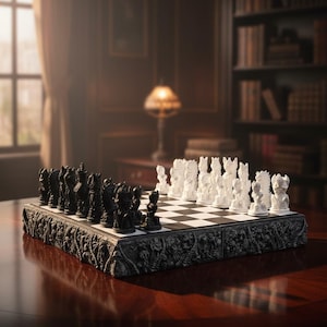 May include: A detailed chess set with black and white pieces on a checkered board. The board is set on a decorative base with carved details. The chess set is displayed on a dark wooden table in a room with a library.