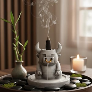 May include: A gray bull-shaped incense burner with a gold ring in its nose, emitting fragrant smoke. The burner sits on a round tray with black stones and moss, next to a small vase with bamboo and a lit candle.
