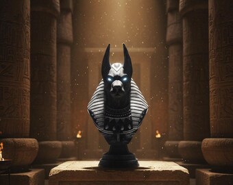 Silver Anubis Bust Statue: 3D Printed Egyptian God Decor