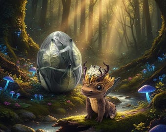 Bosdraak met ei – handgeschilderd 3D-geprint fantasiedecor, op de natuur geïnspireerd drakenbeeldje