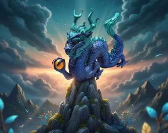 Handgeschilderd smaragdgroen en blauw standbeeld van een Chinese draak - Feng Shui Decor