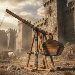 May include: A wooden trebuchet, a medieval siege weapon, stands in a dusty field. The trebuchet is constructed of wood and rope, with a large bucket-like container. Stone castle walls and towers are in the background.