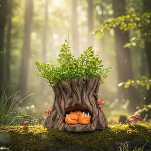 May include: A whimsical tree stump planter with a sleeping orange fox figurine nestled inside. The planter is filled with green foliage and adorned with red mushroom accents. The planter is set on a mossy log in a forest setting.