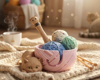 Cat Yarn Bowl with Hook Holder – 3D Printed Crochet and Knitting Organizer
