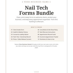 Nail Tech Forms Bundle | Nail Client Intake, Consent Waiver, Aftercare Cards, Patch Test, Nail Artist Forms, Printable PDF