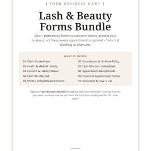 Lash Tech Forms Bundle | Lash Client Intake, Consent Waiver, Aftercare Cards, Patch Test, Lash Artist Forms, Printable PDF