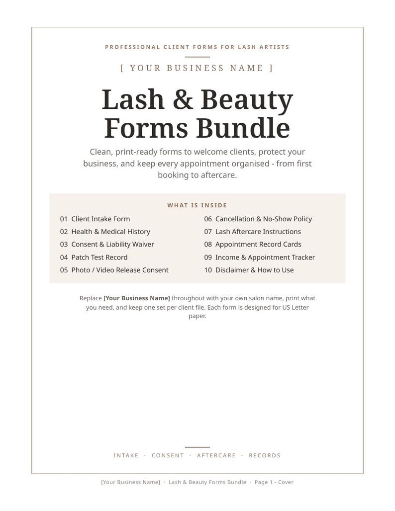 Lash Tech Forms Bundle | Lash Client Intake, Consent Waiver, Aftercare Cards, Patch Test, Lash Artist Forms, Printable PDF image 1