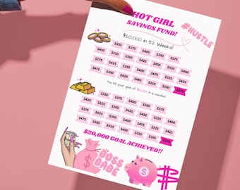 20K 貯金チャレンジ、貯金トラッカー、マネーチャレンジ、52 週間、1 年、デジタルダウンロード PDF、印刷可能、ピンク