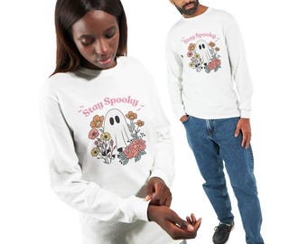 Långärmad t-shirt med spökmotiv och blommor | Halloween-design