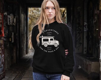 Sudadera Land Rover de la A a la Z Adventures: cuello redondo vintage Overland Travel (negra o blanca)