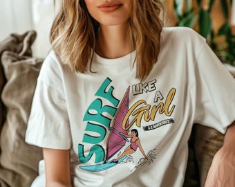 Camiseta unisex de peso pesado "Surfea como una chica" – Camiseta retro de windsurf