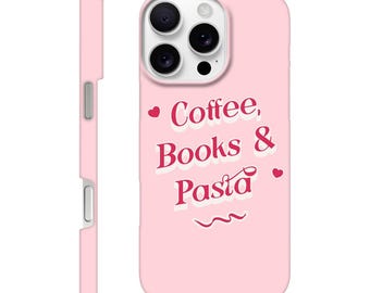 Funda fina para iPhone con diseño de café, libros y pasta: bonita funda estética para amantes de los libros