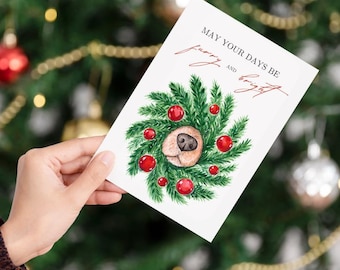 Paquete de 10 tarjetas navideñas ecológicas / Diseño de perro en corona / Interior en blanco