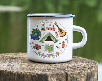 Taza esmaltada «¡Vamos de camping!» – Perfecta para aventuras al aire libre y café junto a la fogata