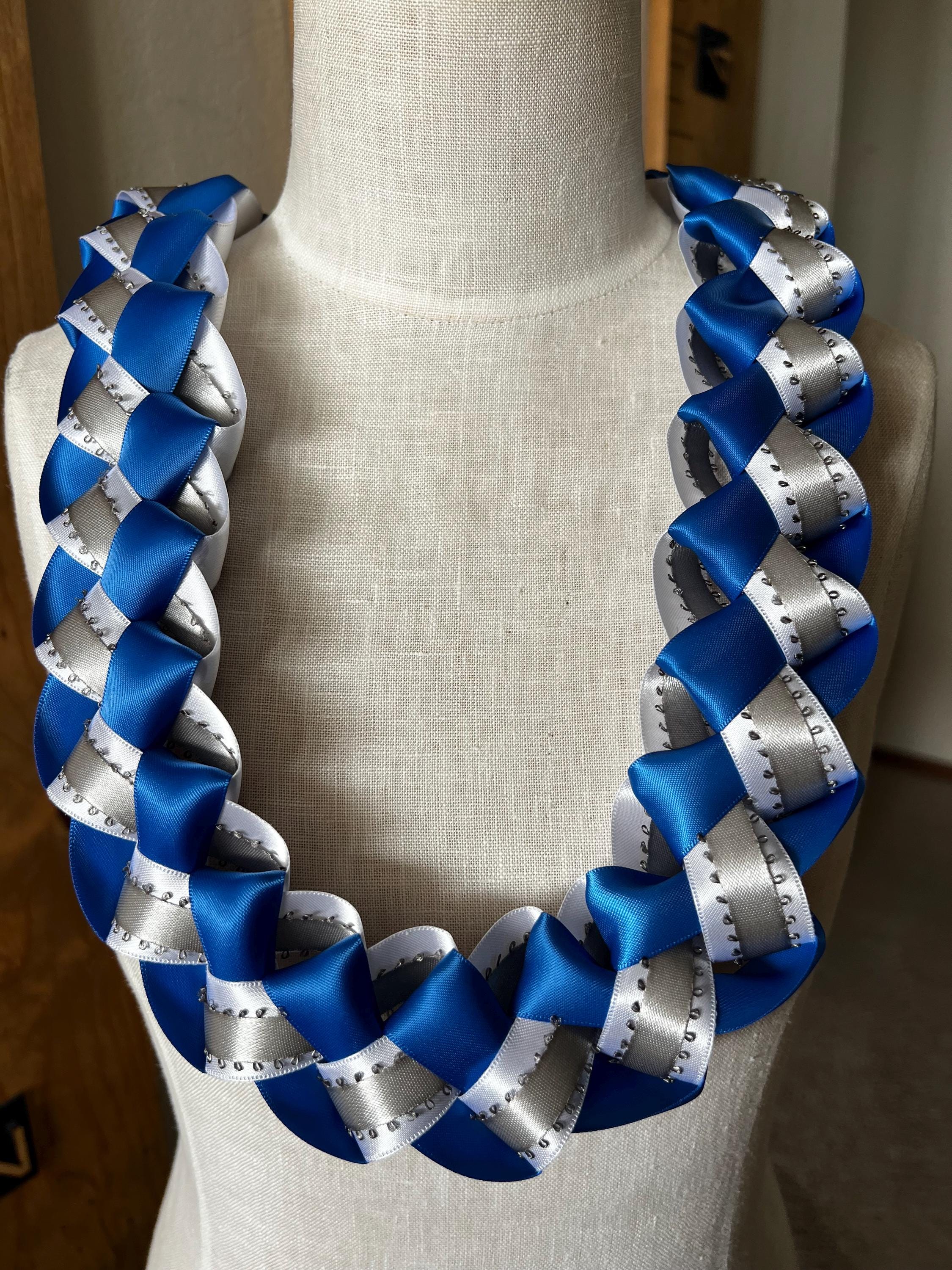 3 COLOR || Blue and White Braided Ribbon Lei With Silver Detail Ribbon ...