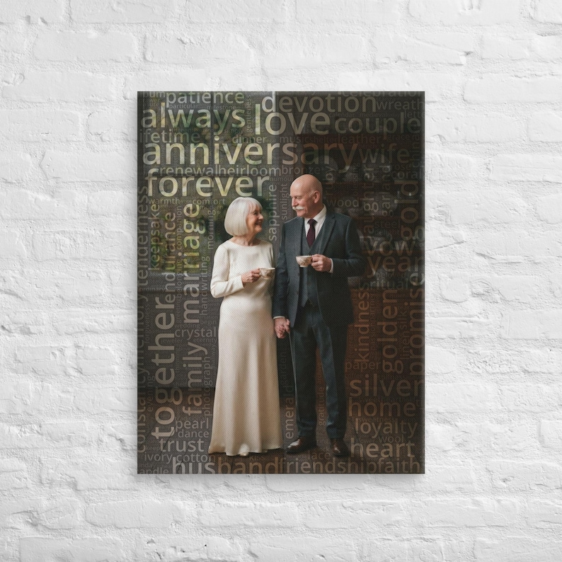 May include: A rectangular wall art print featuring an older couple standing together, holding small cups. The woman wears a long cream-coloured dress, and the man wears a dark suit. The background is overlaid with various words like love, forever, and anniversary.