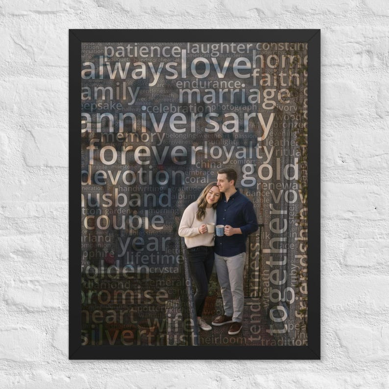 May include: A framed wall art print featuring a photograph of two people standing together while holding mugs, overlaid with a dense collage of words including patience, laughter, love, marriage, anniversary, forever, loyalty, and devotion.