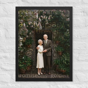 May include: A framed wall art print featuring an elderly couple standing together in a doorway. The person on the left wears a white dress, and the person on the right wears a brown suit. The image is overlaid with semi-transparent text words.