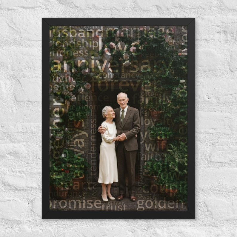 May include: A framed wall art print featuring an elderly couple standing together in a doorway. The person on the left wears a white dress, and the person on the right wears a brown suit. The image is overlaid with semi-transparent text words.