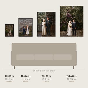 May include: Four rectangular wall art pieces featuring wedding and anniversary photography overlaid with text, displayed above a 213 cm wide sofa. Sizes include 30x40 cm, 46x61 cm, 61x81 cm, and 76x102 cm, with options for black frames or canvas wraps.