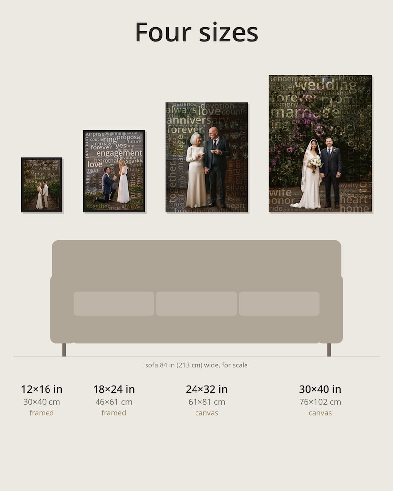 May include: Four rectangular wall art pieces featuring wedding and anniversary photography overlaid with text, displayed above a 213 cm wide sofa. Sizes include 30x40 cm, 46x61 cm, 61x81 cm, and 76x102 cm, with options for black frames or canvas wraps.
