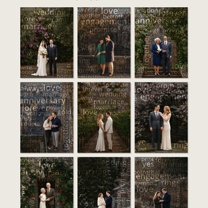 May include: A collage of nine photographs featuring couples in various settings, overlaid with text including "Every piece is one of a kind," "weddings," "engagements," and "anniversaries," alongside words like "love," "forever," and "marriage."