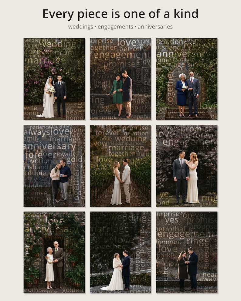 May include: A collage of nine photographs featuring couples in various settings, overlaid with text including "Every piece is one of a kind," "weddings," "engagements," and "anniversaries," alongside words like "love," "forever," and "marriage."