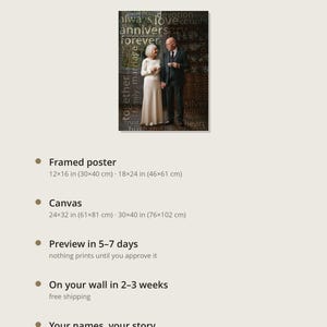 May include: A custom wall art print featuring a photograph of an older couple standing together, overlaid with a word cloud of various terms like love, anniversary, and forever. The text at the top reads Your photo &middot; your words.