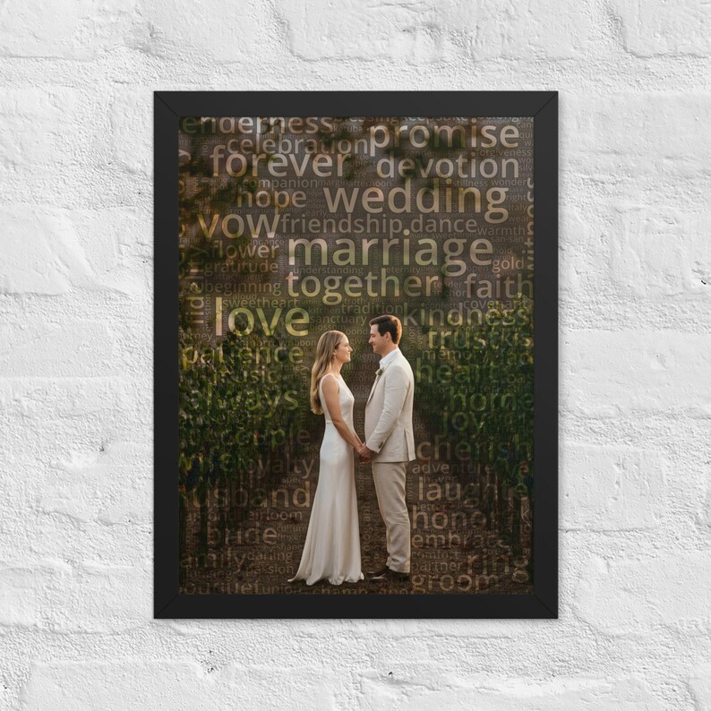 May include: A framed wall art print featuring a photograph of two people standing in a vineyard, overlaid with a word cloud of wedding-themed terms like love, marriage, and promise in gold text against a dark, natural background.