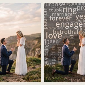 May include: A person in a navy blue suit kneels on a grassy cliffside to propose to another person wearing a white lace dress. The right side of the image features a word cloud overlay with terms like engagement, love, ring, and promise.