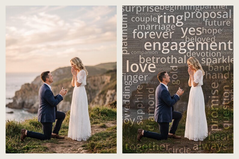 May include: A person in a navy blue suit kneels on a grassy cliffside to propose to another person wearing a white lace dress. The right side of the image features a word cloud overlay with terms like engagement, love, ring, and promise.